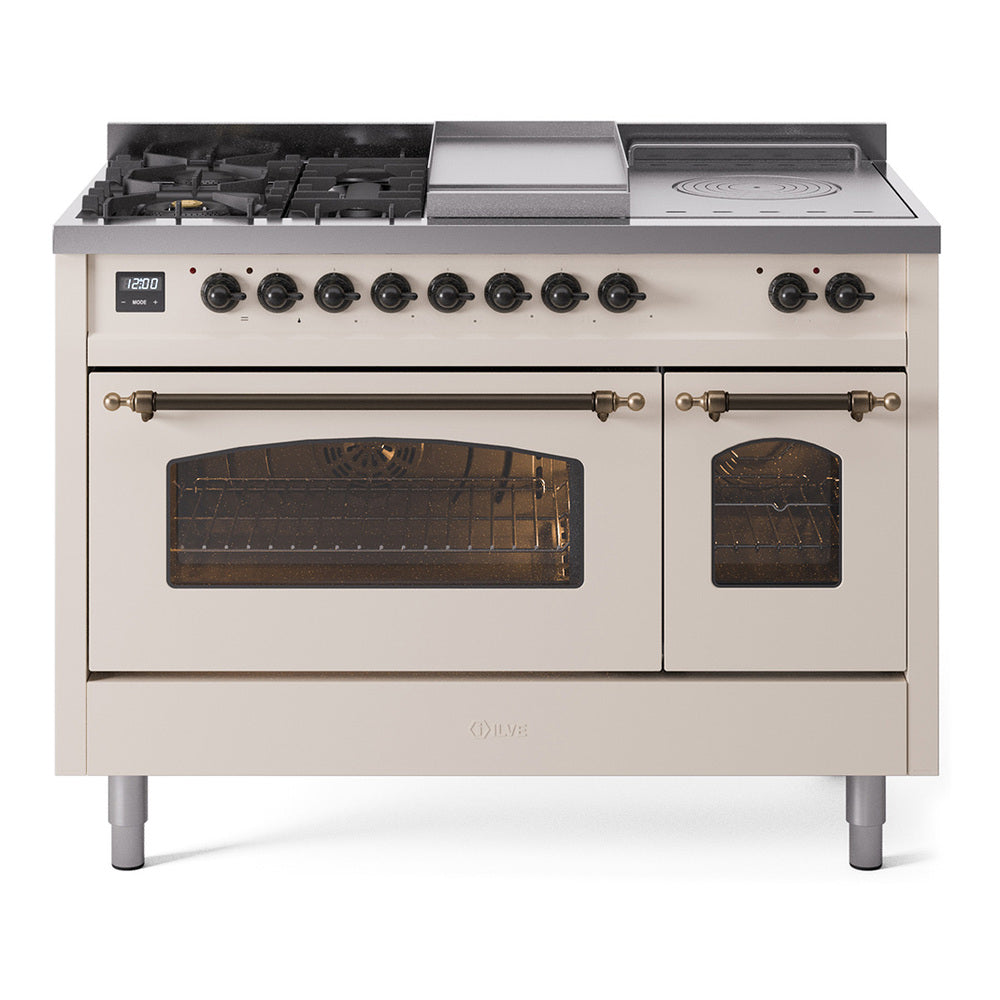 ILVE Nostalgie II 48-Inch Natural Gas Dual Fuel Range with 5 Burners, Griddle, & French Top with Triple Glass Door Oven in Antique White with Bronze Trim (UP48FSNMPAWB)