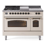 ILVE Nostalgie II 48-Inch Natural Gas Dual Fuel Range with 5 Burners, Griddle, & French Top with Triple Glass Door Oven in Antique White with Bronze Trim (UP48FSNMPAWB)