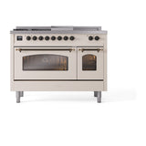 ILVE Nostalgie II 48-Inch Propane Gas Dual Fuel Range with 5 Burners, Griddle, & French Top with Triple Glass Door Oven in Antique White with Bronze Trim (UP48FSNMPAWBLP)