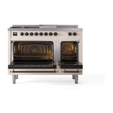 ILVE Nostalgie II 48-Inch Propane Gas Dual Fuel Range with 5 Burners, Griddle, & French Top with Triple Glass Door Oven in Antique White with Bronze Trim (UP48FSNMPAWBLP)