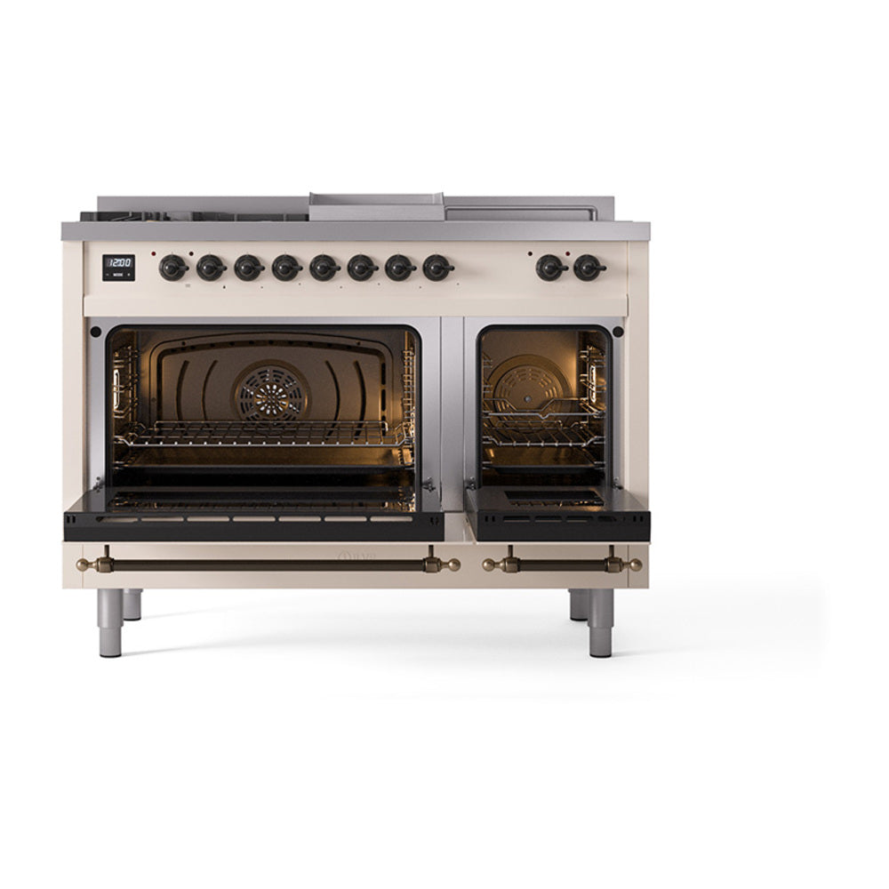ILVE Nostalgie II 48-Inch Natural Gas Dual Fuel Range with 5 Burners, Griddle, & French Top with Triple Glass Door Oven in Antique White with Bronze Trim (UP48FSNMPAWB)