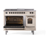 ILVE Nostalgie II 48-Inch Propane Gas Dual Fuel Range with 5 Burners, Griddle, & French Top with Triple Glass Door Oven in Antique White with Bronze Trim (UP48FSNMPAWBLP)