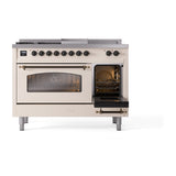 ILVE Nostalgie II 48-Inch Propane Gas Dual Fuel Range with 5 Burners, Griddle, & French Top with Triple Glass Door Oven in Antique White with Bronze Trim (UP48FSNMPAWBLP)