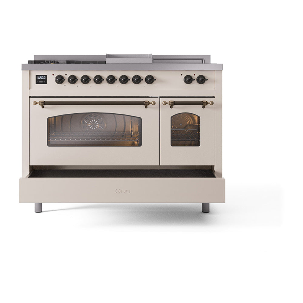 ILVE Nostalgie II 48-Inch Propane Gas Dual Fuel Range with 5 Burners, Griddle, & French Top with Triple Glass Door Oven in Antique White with Bronze Trim (UP48FSNMPAWBLP)