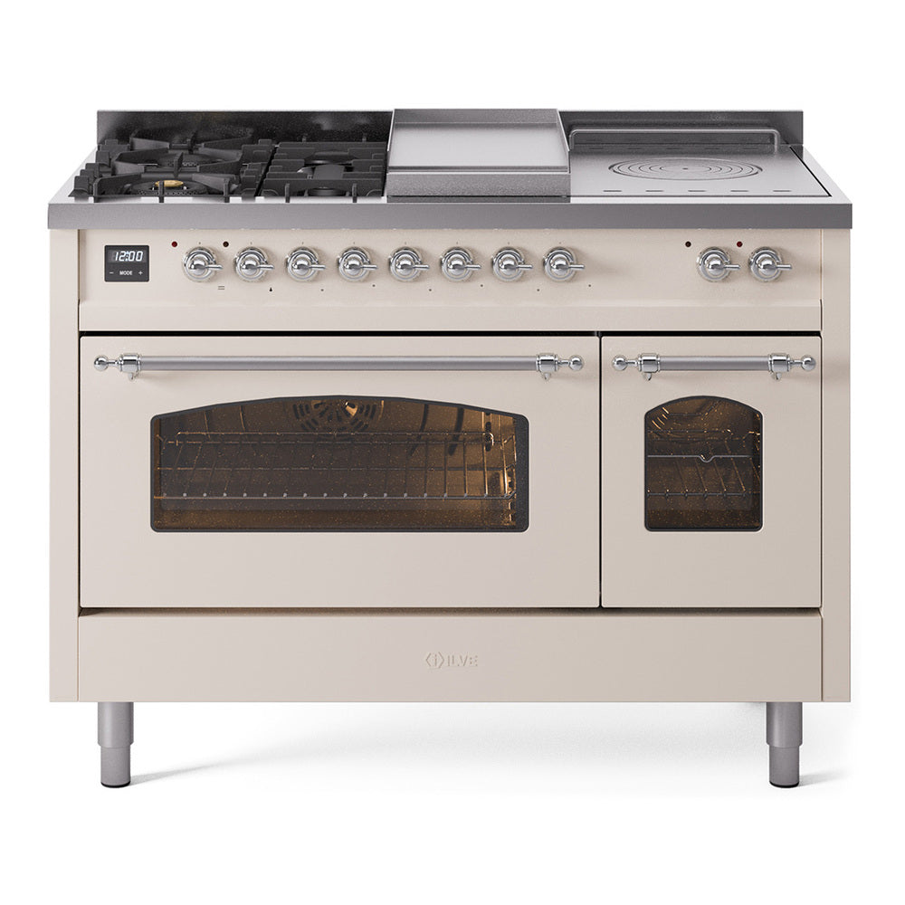 ILVE Nostalgie II 48-Inch Natural Gas Dual Fuel Range with 5 Burners, Griddle, & French Top with Triple Glass Door Oven in Antique White with Chrome Trim (UP48FSNMPAWC)