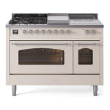 ILVE Nostalgie II 48-Inch Natural Gas Dual Fuel Range with 5 Burners, Griddle, & French Top with Triple Glass Door Oven in Antique White with Chrome Trim (UP48FSNMPAWC)
