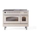 ILVE Nostalgie II 48-Inch Natural Gas Dual Fuel Range with 5 Burners, Griddle, & French Top with Triple Glass Door Oven in Antique White with Chrome Trim (UP48FSNMPAWC)