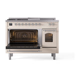 ILVE Nostalgie II 48-Inch Natural Gas Dual Fuel Range with 5 Burners, Griddle, & French Top with Triple Glass Door Oven in Antique White with Chrome Trim (UP48FSNMPAWC)