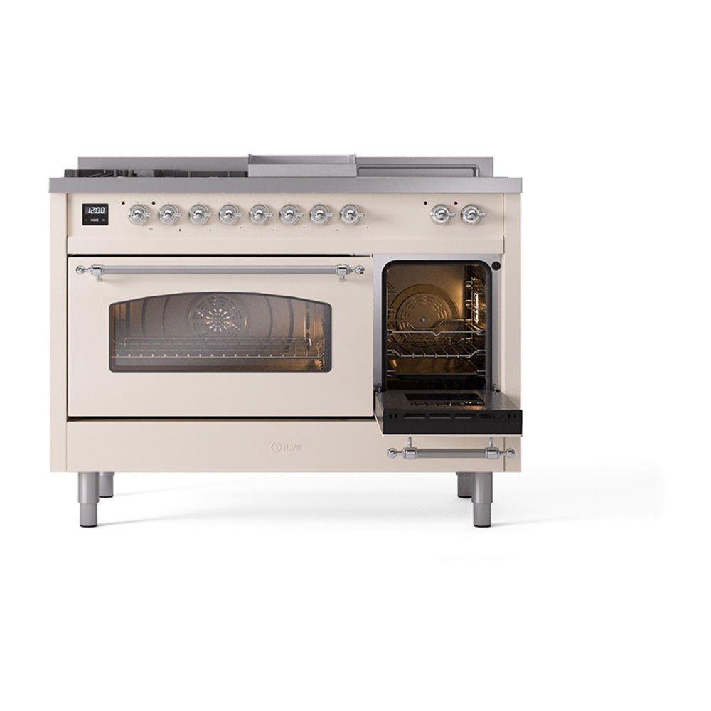 ILVE Nostalgie II 48-Inch Natural Gas Dual Fuel Range with 5 Burners, Griddle, & French Top with Triple Glass Door Oven in Antique White with Chrome Trim (UP48FSNMPAWC)