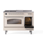 ILVE Nostalgie II 48-Inch Natural Gas Dual Fuel Range with 5 Burners, Griddle, & French Top with Triple Glass Door Oven in Antique White with Chrome Trim (UP48FSNMPAWC)