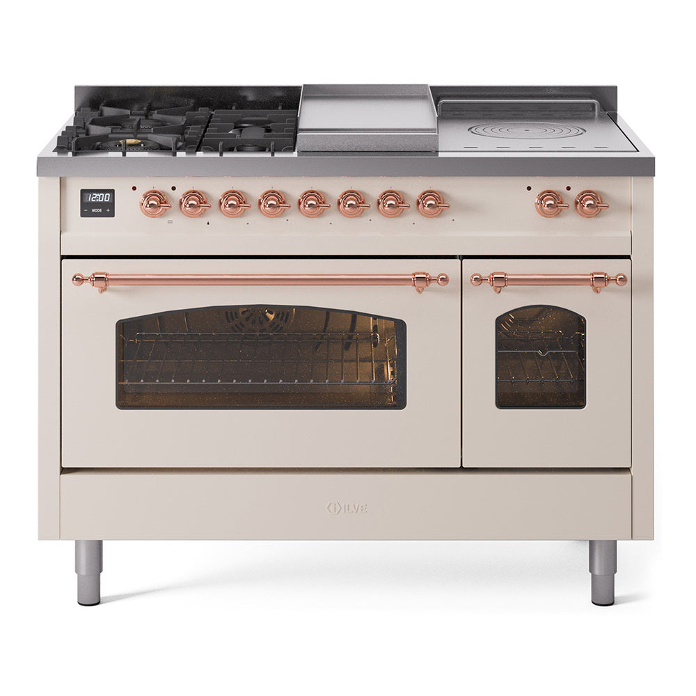 ILVE Nostalgie II 48-Inch Natural Gas Dual Fuel Range with 5 Burners, Griddle, & French Top with Triple Glass Door Oven in Antique White with Copper Trim (UP48FSNMPAWP)