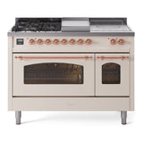 ILVE Nostalgie II 48-Inch Natural Gas Dual Fuel Range with 5 Burners, Griddle, & French Top with Triple Glass Door Oven in Antique White with Copper Trim (UP48FSNMPAWP)