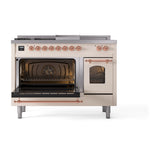 ILVE Nostalgie II 48-Inch Natural Gas Dual Fuel Range with 5 Burners, Griddle, & French Top with Triple Glass Door Oven in Antique White with Copper Trim (UP48FSNMPAWP)