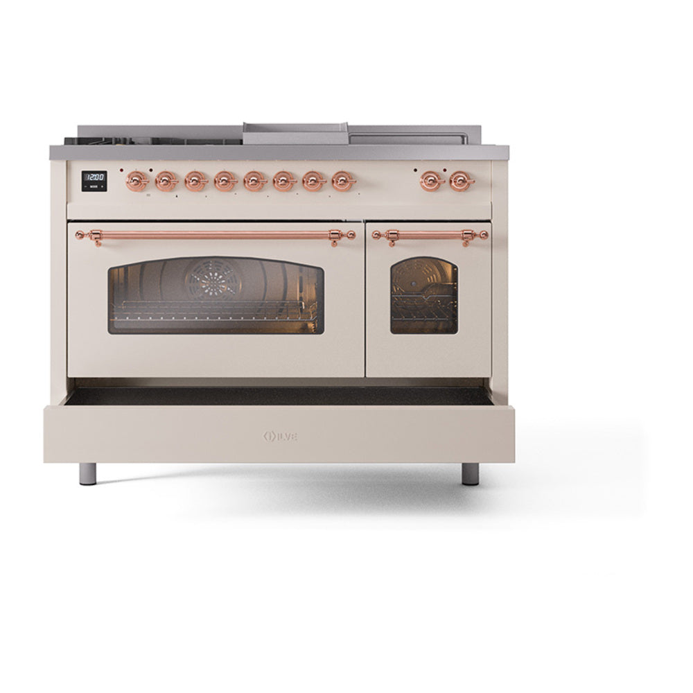 ILVE Nostalgie II 48-Inch Natural Gas Dual Fuel Range with 5 Burners, Griddle, & French Top with Triple Glass Door Oven in Antique White with Copper Trim (UP48FSNMPAWP)