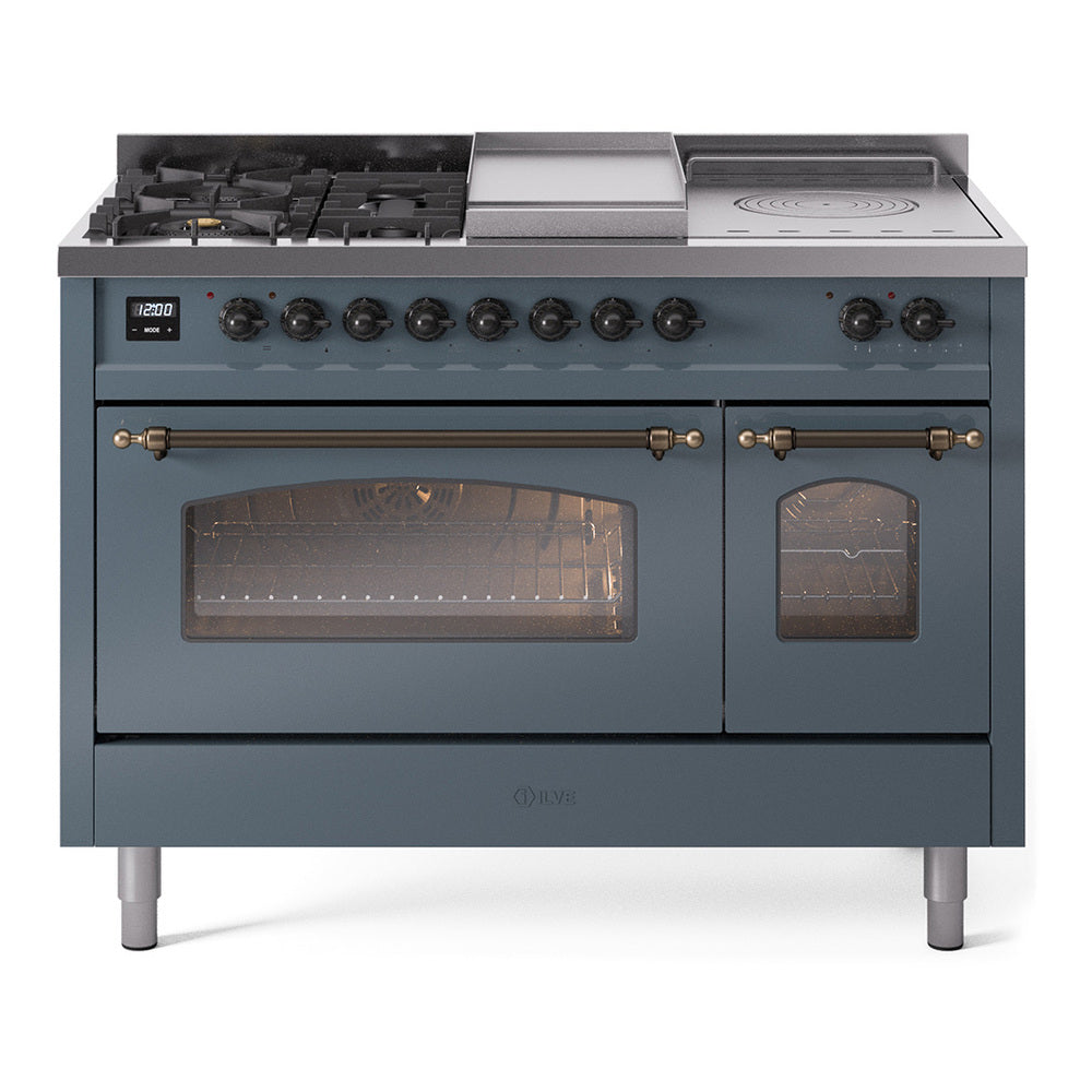 ILVE Nostalgie II 48-Inch Propane Gas Dual Fuel Range with 5 Burners, Griddle, & French Top with Triple Glass Door Oven in Blue Grey with Bronze Trim (UP48FSNMPBGBLP)