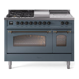 ILVE Nostalgie II 48-Inch Propane Gas Dual Fuel Range with 5 Burners, Griddle, & French Top with Triple Glass Door Oven in Blue Grey with Bronze Trim (UP48FSNMPBGBLP)
