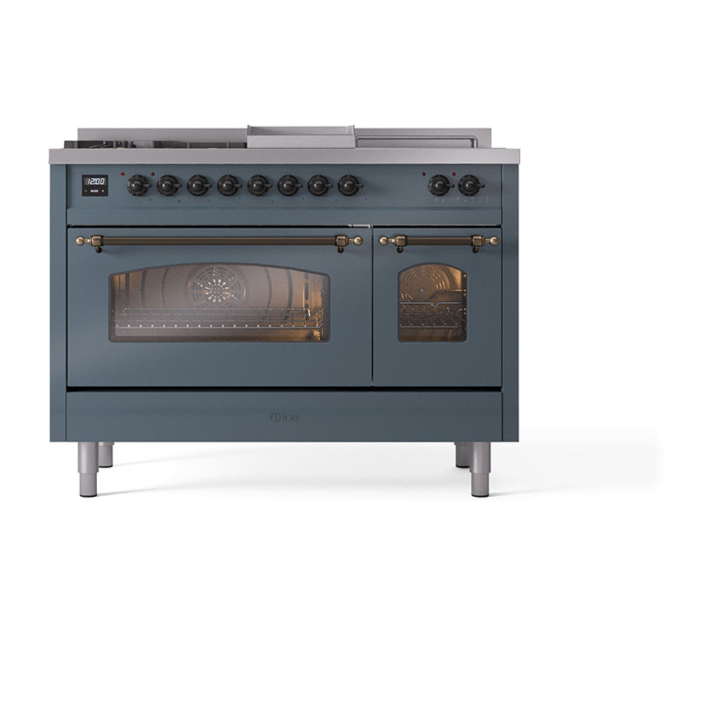 ILVE Nostalgie II 48-Inch Propane Gas Dual Fuel Range with 5 Burners, Griddle, & French Top with Triple Glass Door Oven in Blue Grey with Bronze Trim (UP48FSNMPBGBLP)