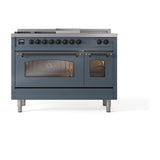 ILVE Nostalgie II 48-Inch Propane Gas Dual Fuel Range with 5 Burners, Griddle, & French Top with Triple Glass Door Oven in Blue Grey with Bronze Trim (UP48FSNMPBGBLP)