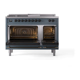 ILVE Nostalgie II 48-Inch Propane Gas Dual Fuel Range with 5 Burners, Griddle, & French Top with Triple Glass Door Oven in Blue Grey with Bronze Trim (UP48FSNMPBGBLP)