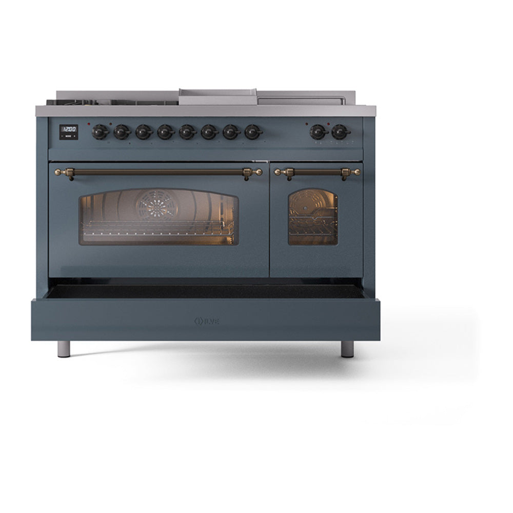 ILVE Nostalgie II 48-Inch Propane Gas Dual Fuel Range with 5 Burners, Griddle, & French Top with Triple Glass Door Oven in Blue Grey with Bronze Trim (UP48FSNMPBGBLP)
