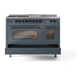 ILVE Nostalgie II 48-Inch Propane Gas Dual Fuel Range with 5 Burners, Griddle, & French Top with Triple Glass Door Oven in Blue Grey with Bronze Trim (UP48FSNMPBGBLP)