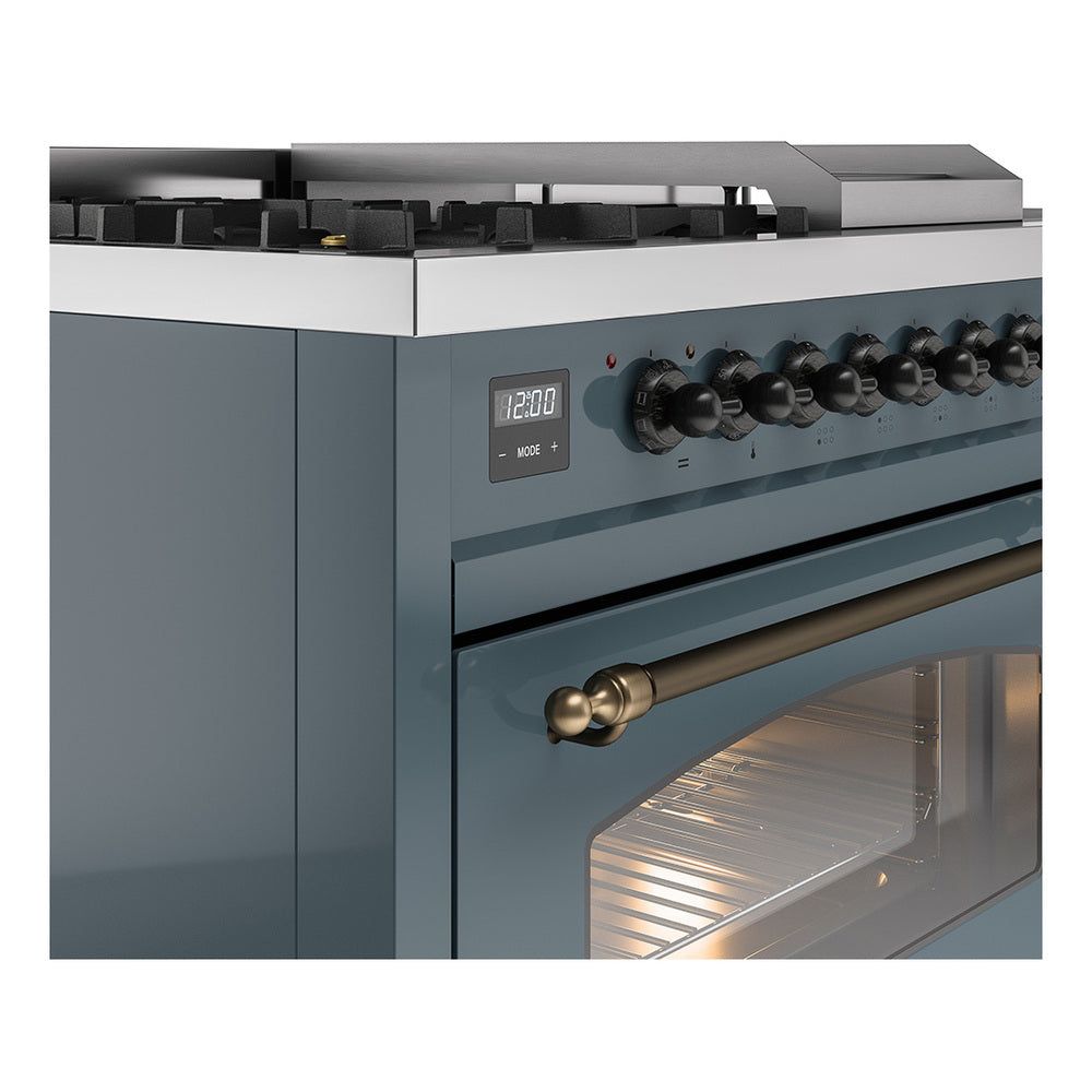 ILVE Nostalgie II 48-Inch Propane Gas Dual Fuel Range with 5 Burners, Griddle, & French Top with Triple Glass Door Oven in Blue Grey with Bronze Trim (UP48FSNMPBGBLP)