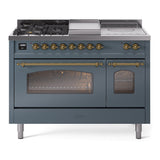 ILVE Nostalgie II 48-Inch Natural Gas Dual Fuel Range with 5 Burners, Griddle, & French Top with Triple Glass Door Oven in Blue Grey with Brass Trim (UP48FSNMPBGG)
