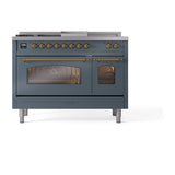 ILVE Nostalgie II 48-Inch Propane Gas Dual Fuel Range with 5 Burners, Griddle, & French Top with Triple Glass Door Oven in Blue Grey with Brass Trim (UP48FSNMPBGGLP)