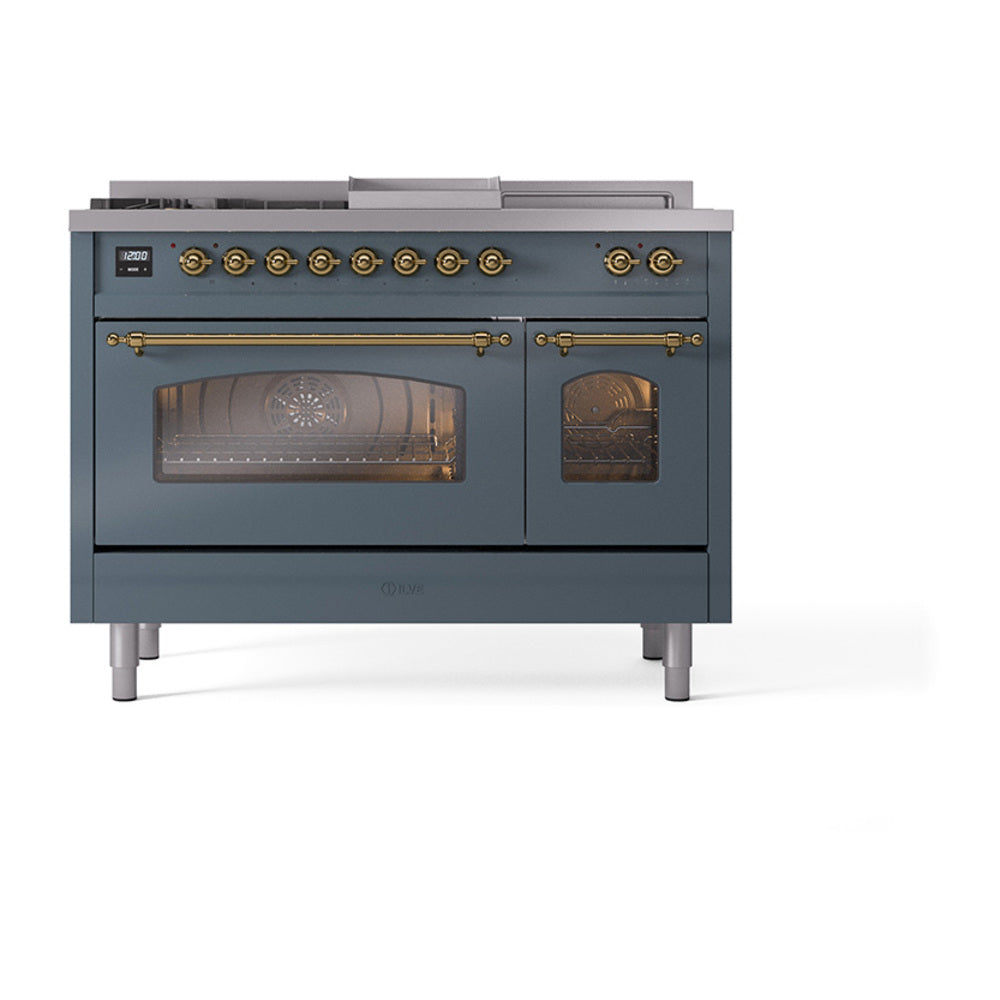 ILVE Nostalgie II 48-Inch Natural Gas Dual Fuel Range with 5 Burners, Griddle, & French Top with Triple Glass Door Oven in Blue Grey with Brass Trim (UP48FSNMPBGG)