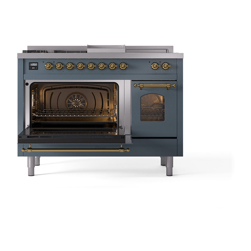 ILVE Nostalgie II 48-Inch Propane Gas Dual Fuel Range with 5 Burners, Griddle, & French Top with Triple Glass Door Oven in Blue Grey with Brass Trim (UP48FSNMPBGGLP)
