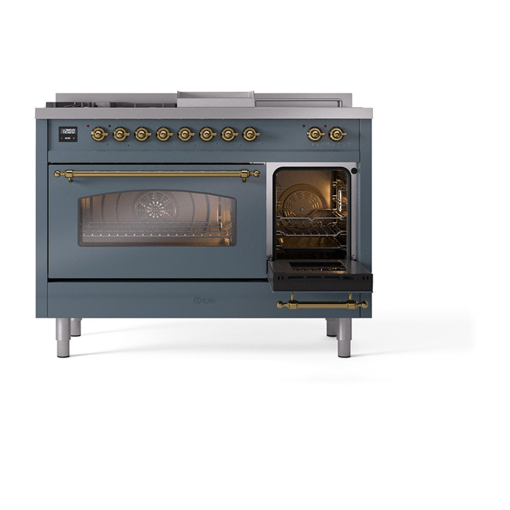 ILVE Nostalgie II 48-Inch Natural Gas Dual Fuel Range with 5 Burners, Griddle, & French Top with Triple Glass Door Oven in Blue Grey with Brass Trim (UP48FSNMPBGG)