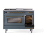 ILVE Nostalgie II 48-Inch Natural Gas Dual Fuel Range with 5 Burners, Griddle, & French Top with Triple Glass Door Oven in Blue Grey with Brass Trim (UP48FSNMPBGG)