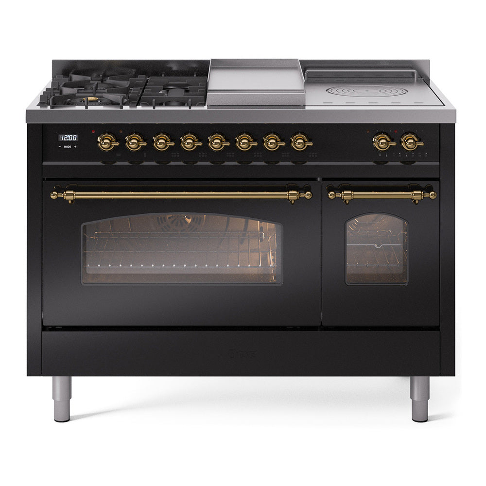 ILVE Nostalgie II 48-Inch Natural Gas Dual Fuel Range with 5 Burners, Griddle, & French Top with Triple Glass Door Oven in Glossy Black with Brass Trim (UP48FSNMPBKG)