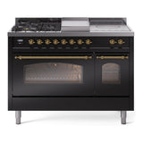 ILVE Nostalgie II 48-Inch Natural Gas Dual Fuel Range with 5 Burners, Griddle, & French Top with Triple Glass Door Oven in Glossy Black with Brass Trim (UP48FSNMPBKG)
