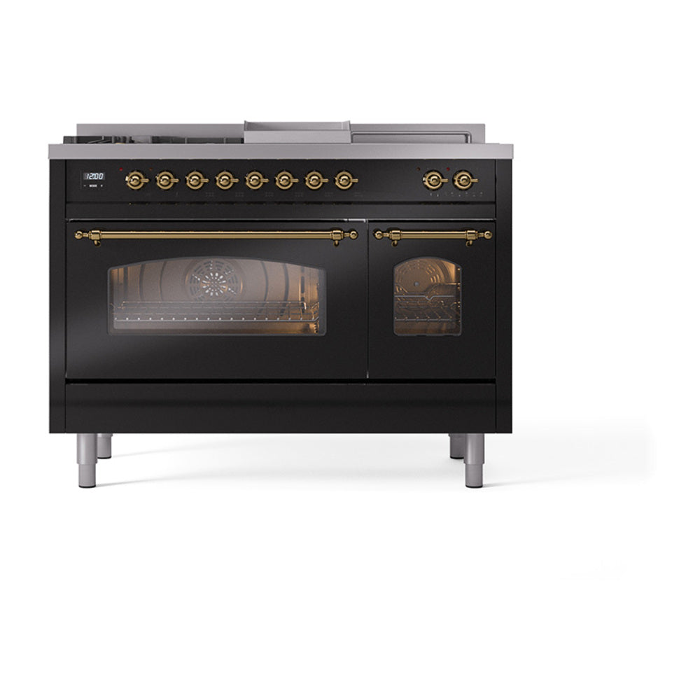 ILVE Nostalgie II 48-Inch Natural Gas Dual Fuel Range with 5 Burners, Griddle, & French Top with Triple Glass Door Oven in Glossy Black with Brass Trim (UP48FSNMPBKG)