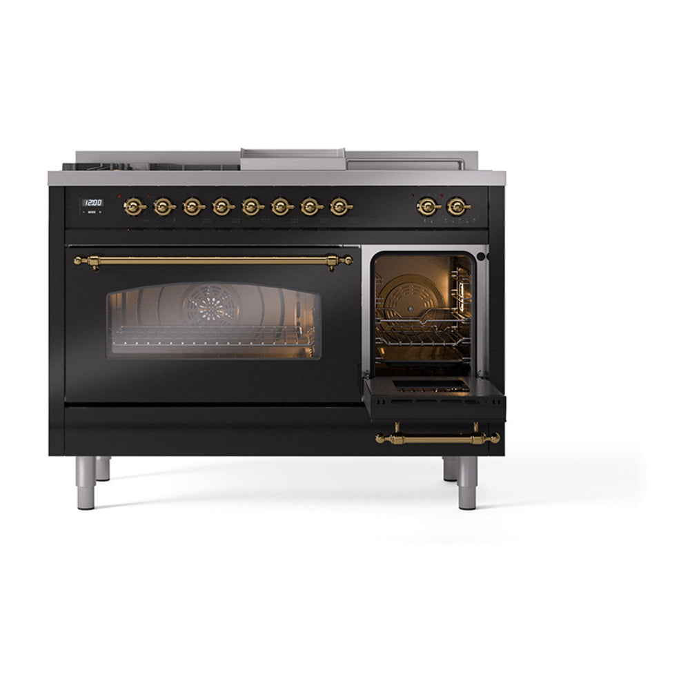 ILVE Nostalgie II 48-Inch Natural Gas Dual Fuel Range with 5 Burners, Griddle, & French Top with Triple Glass Door Oven in Glossy Black with Brass Trim (UP48FSNMPBKG)