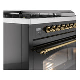 ILVE Nostalgie II 48-Inch Natural Gas Dual Fuel Range with 5 Burners, Griddle, & French Top with Triple Glass Door Oven in Glossy Black with Brass Trim (UP48FSNMPBKG)