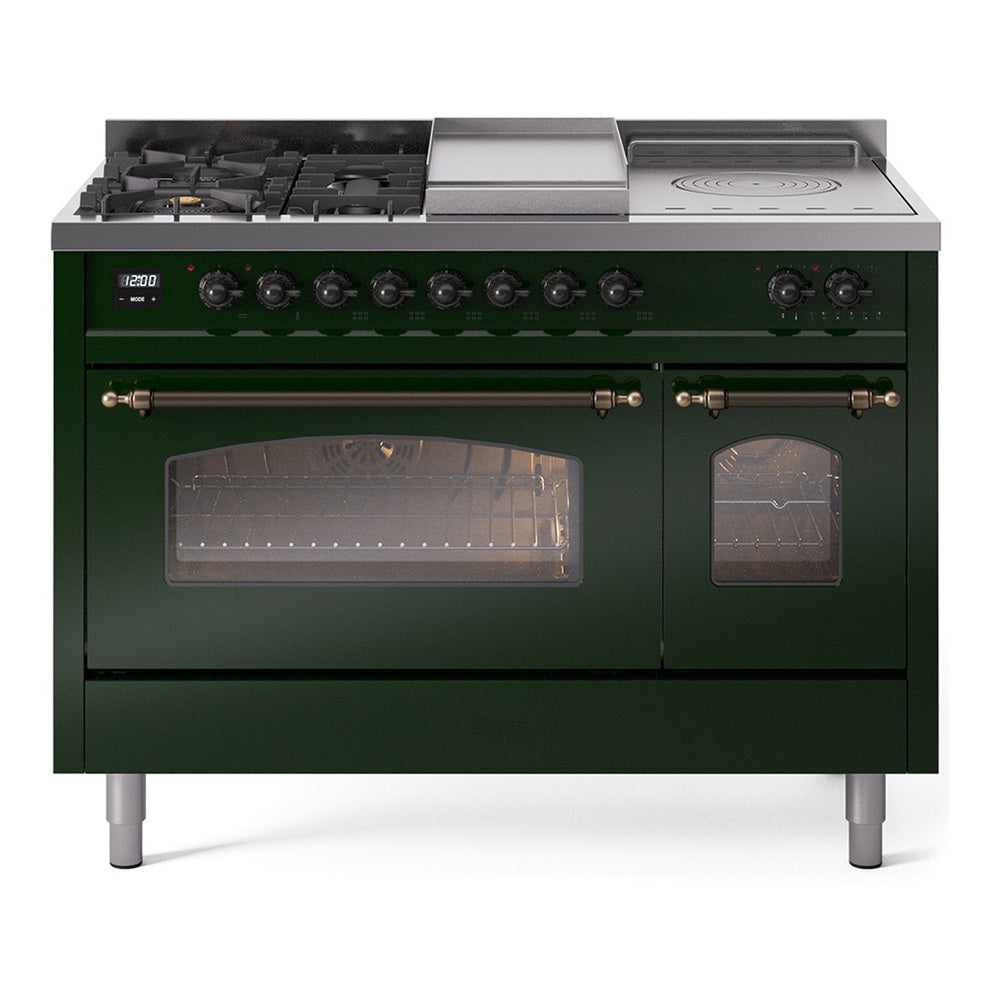 ILVE Nostalgie II 48-Inch Natural Gas Dual Fuel Range with 5 Burners, Griddle, & French Top with Triple Glass Door Oven in Emerald Green with Bronze Trim (UP48FSNMPEGB)