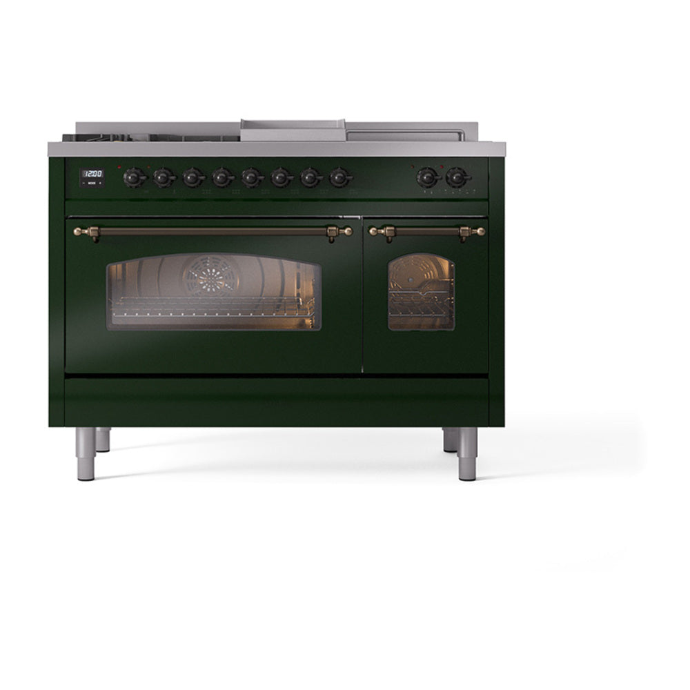 ILVE Nostalgie II 48-Inch Natural Gas Dual Fuel Range with 5 Burners, Griddle, & French Top with Triple Glass Door Oven in Emerald Green with Bronze Trim (UP48FSNMPEGB)