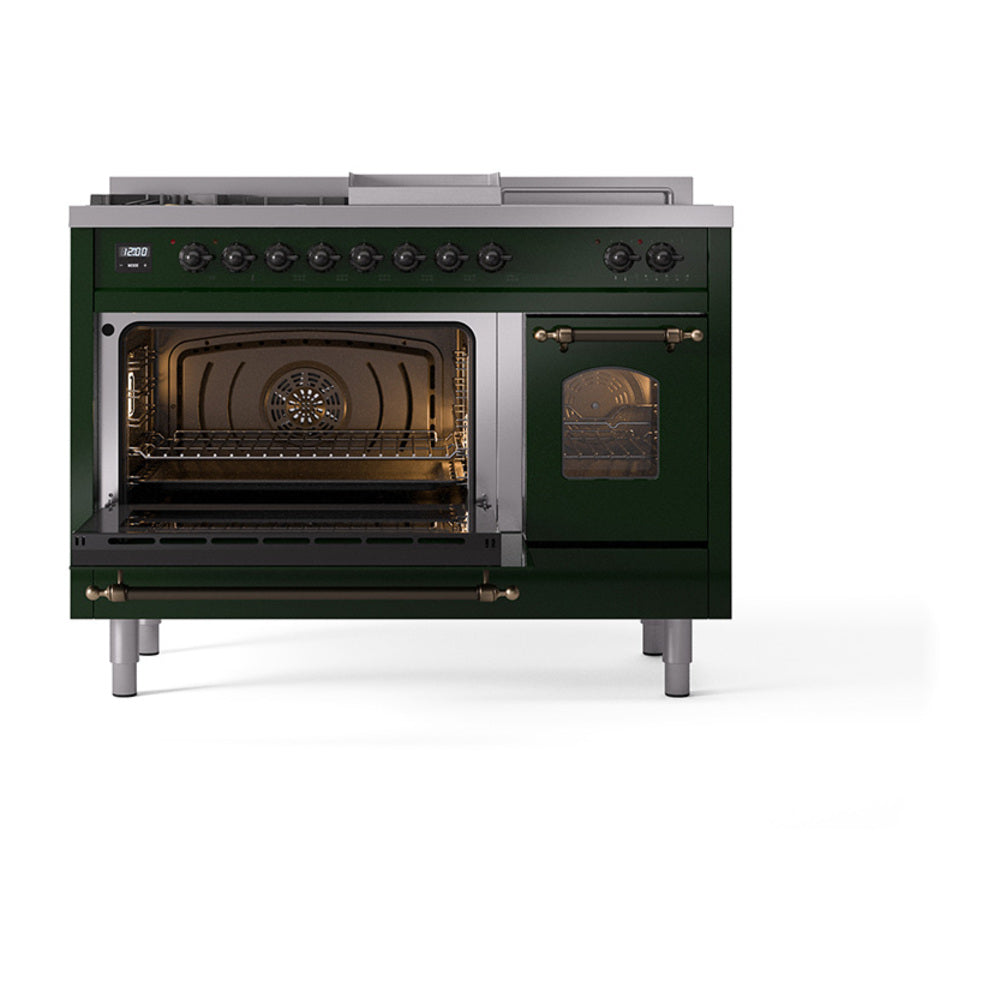ILVE Nostalgie II 48-Inch Natural Gas Dual Fuel Range with 5 Burners, Griddle, & French Top with Triple Glass Door Oven in Emerald Green with Bronze Trim (UP48FSNMPEGB)