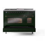 ILVE Nostalgie II 48-Inch Natural Gas Dual Fuel Range with 5 Burners, Griddle, & French Top with Triple Glass Door Oven in Emerald Green with Bronze Trim (UP48FSNMPEGB)