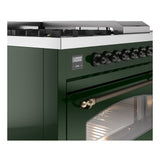 ILVE Nostalgie II 48-Inch Natural Gas Dual Fuel Range with 5 Burners, Griddle, & French Top with Triple Glass Door Oven in Emerald Green with Bronze Trim (UP48FSNMPEGB)