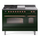 ILVE Nostalgie II 48-Inch Natural Gas Dual Fuel Range with 5 Burners, Griddle, & French Top with Triple Glass Door Oven in Emerald Green with Copper Trim (UP48FSNMPEGP)