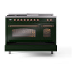 ILVE Nostalgie II 48-Inch Natural Gas Dual Fuel Range with 5 Burners, Griddle, & French Top with Triple Glass Door Oven in Emerald Green with Copper Trim (UP48FSNMPEGP)