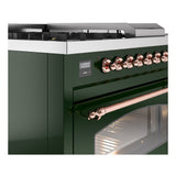 ILVE Nostalgie II 48-Inch Natural Gas Dual Fuel Range with 5 Burners, Griddle, & French Top with Triple Glass Door Oven in Emerald Green with Copper Trim (UP48FSNMPEGP)