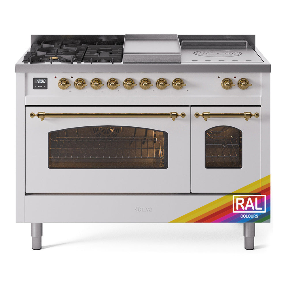 ILVE Nostalgie II 48-Inch Natural Gas Dual Fuel Range with 5 Burners, Griddle, & French Top with Triple Glass Door Oven in Custom RAL with Brass Trim (UP48FSNMPRAG)