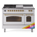 ILVE Nostalgie II 48-Inch Natural Gas Dual Fuel Range with 5 Burners, Griddle, & French Top with Triple Glass Door Oven in Custom RAL with Brass Trim (UP48FSNMPRAG)