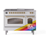 ILVE Nostalgie II 48-Inch Natural Gas Dual Fuel Range with 5 Burners, Griddle, & French Top with Triple Glass Door Oven in Custom RAL with Brass Trim (UP48FSNMPRAG)
