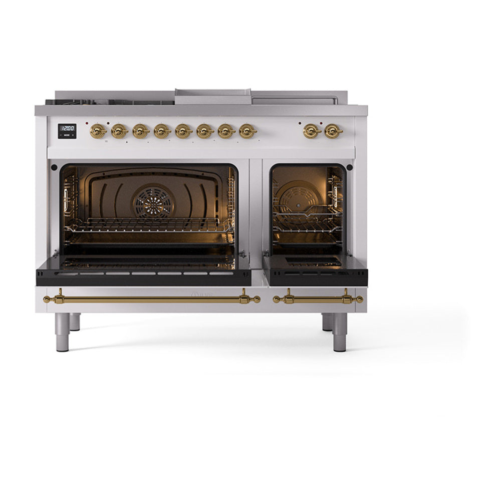 ILVE Nostalgie II 48-Inch Natural Gas Dual Fuel Range with 5 Burners, Griddle, & French Top with Triple Glass Door Oven in Custom RAL with Brass Trim (UP48FSNMPRAG)