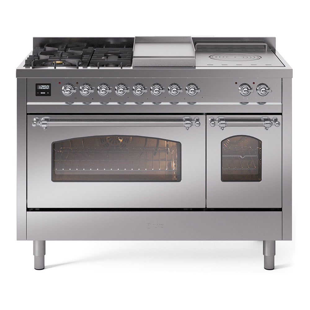 ILVE Nostalgie II 48-Inch Natural Gas Dual Fuel Range with 5 Burners, Griddle, & French Top with Triple Glass Door Oven in Stainless Steel with Chrome Trim (UP48FSNMPSSC)